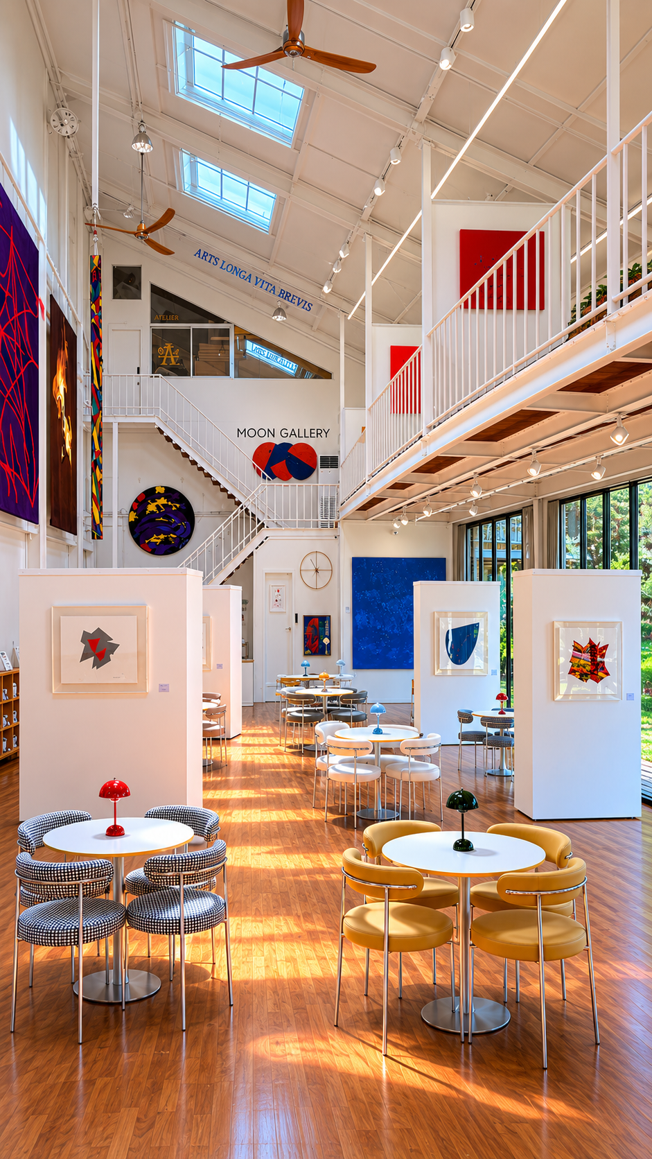 Moon Gallery — the main exhibition hall at Moon Art Grounds, with contemporary painting and large-scale tapestry