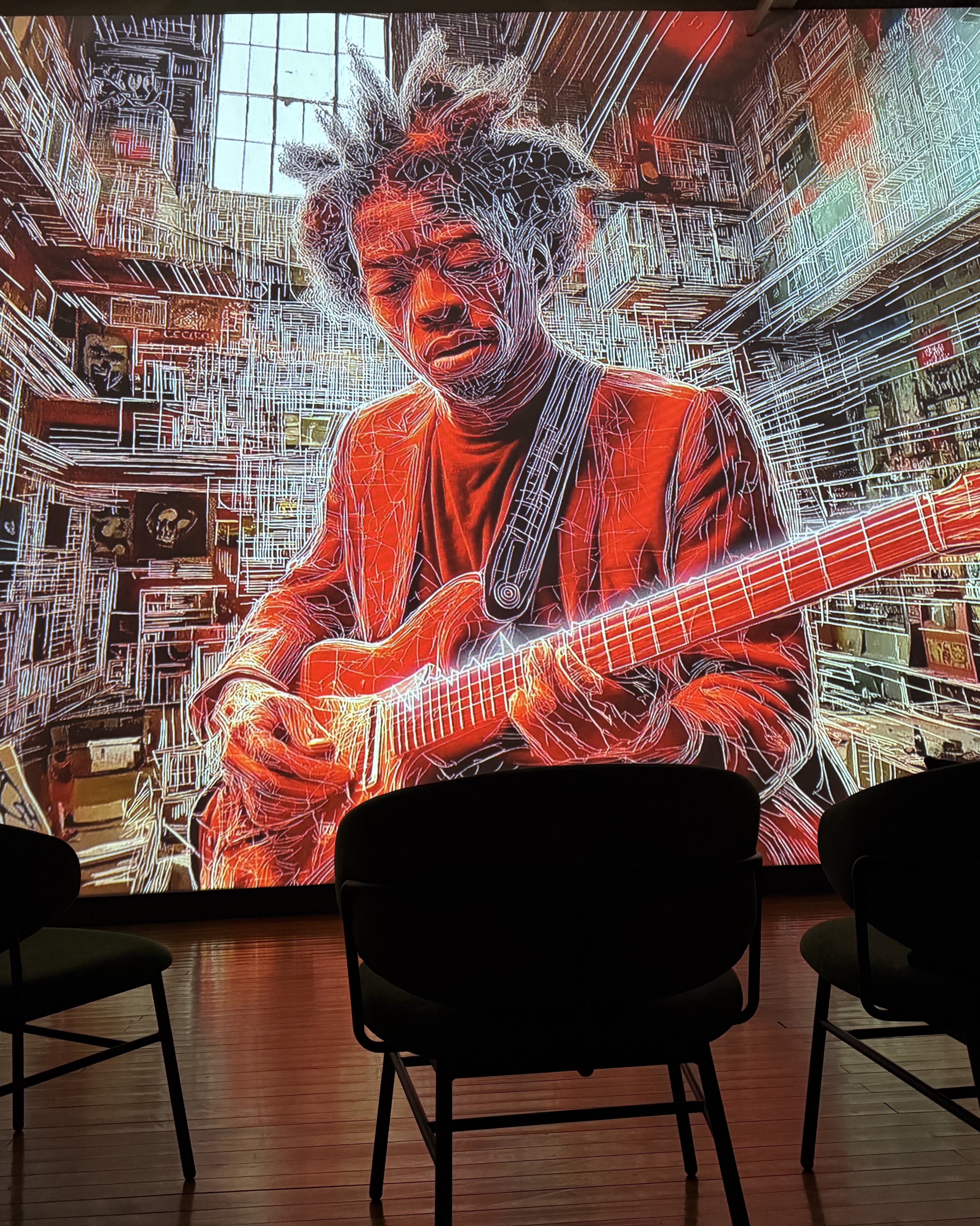 Silver Screen projection space at Moon Art Grounds — light and sound fill the dark, immersive room for seasonal media-art commissions