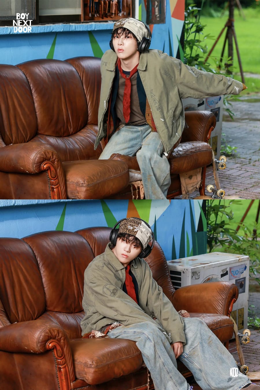 Two stacked shots of a BOYNEXTDOOR member in an olive jacket, patchwork cap and headphones on a worn brown leather sofa against a painted mural wall